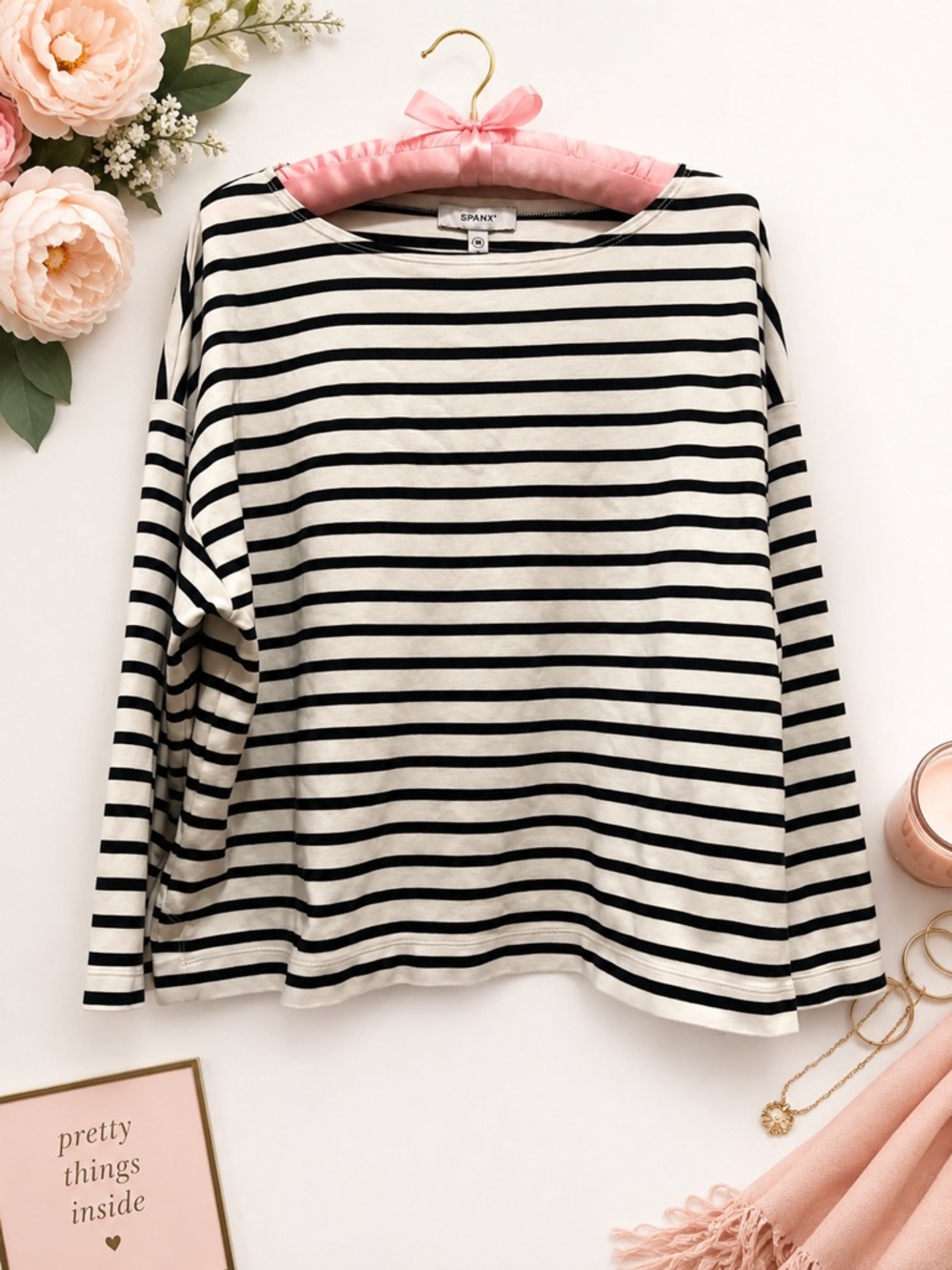 SPANX Black & White Striped Boat Neck Long Sleeve Knit Top 1X